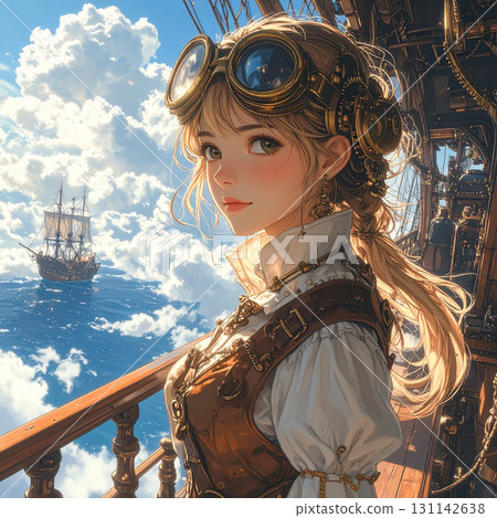 蒸氣龐克風格的美麗女孩和飛艇的幻想插圖 131142638
