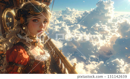 蒸氣龐克風格的美麗女孩和飛艇的幻想插圖 131142639