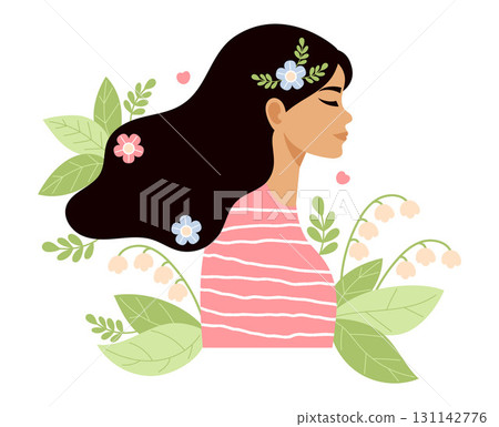 Spring Woman with Long Hair with Flowers lily of the valley and Leaves. Female Profile Portrait seasonal character on White Background. Vector illustration for poster, banner, card, design Not AI 131142776