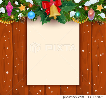 Christmas holiday paper on wooden background with snow, Xmas tree branches, ornaments, bell and festive decor, vector winter holiday. Christmas tree garland and empty sign board, Xmas greeting card 131142875