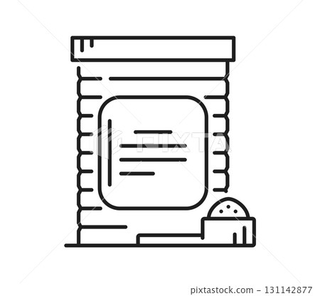 Baby breastfeeding Baby food bag line icon or sign. Infant nursing line vector icon or symbol. Lactation and maternity lineart sign or breastfeeding outline pictogram with baby food bag and scoop 131142877