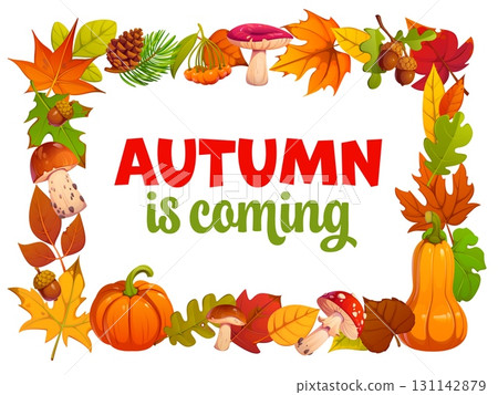 Autumn frame with season fall leaves, pumpkins and mushroom, acorns and pinecones. Fall season frame vector template with Autumn is coming text for Thanksgiving harvest festival and social media adv 131142879