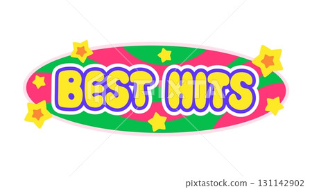 Best hits Y2K groovy sticker or hippie label. Funny 80s Y2K vector sticker, vintage cute cartoon label. Hippie positive funky tag or retro 60s groovy patch with colorful typography 131142902