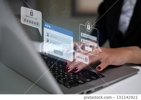 Data protection and online privacy showing secure login process with futuristic digital interface 131142921