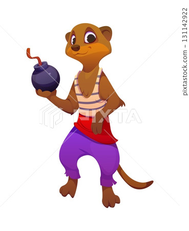 Cartoon meerkat animal pirate character. Isolated vector playful corsair personage wearing striped shirt and purple pants, holding a round bomb with a lit fuse, expressing boldness and sea adventure Cartoon meerkat animal pirate character. Isolated vector playful corsair personage wearing striped shirt and purple pants, holding a round bomb with a lit fuse, expressing boldness and sea adventure 131142922