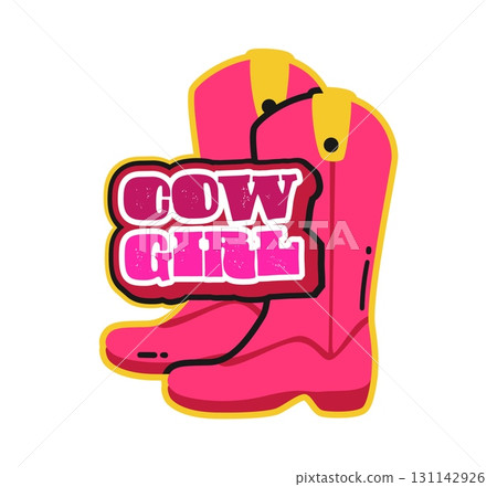 Cowgirl western and Wild West Y2K groovy sticker or vintage label. Western ranch and rodeo 60s vector patch or Y2K tag. Wild West country culture sticker with pink cowboy boots and grunge typography Cowgirl western and Wild West Y2K groovy sticker or vintage label. Western ranch and rodeo 60s vector patch or Y2K tag. Wild West country culture sticker with pink cowboy boots and grunge typography 131142926