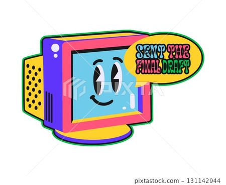 Computer monitor Y2K groovy sticker or hippie tag. Electronics gadget groovy vector label, vintage digital technology patch. Computer device tag with retro CRT screen character and typography Computer monitor Y2K groovy sticker or hippie tag. Electronics gadget groovy vector label, vintage digital technology patch. Computer device tag with retro CRT screen character and typography 131142944