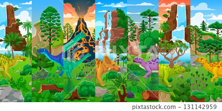 Prehistoric dinosaurs characters collage with volcano and waterfall nature landscape vector background. Cartoon jurassic dinosaur animals in prehistoric jungle forest, extinct dino reptiles characters 131142959