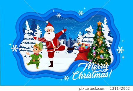 Christmas paper cut banner with dancing Santa Claus and elf characters, Merry Xmas vector greeting card. Cartoon Santa with little helper having fun near Christmas tree with gift in 3d paper cut frame Christmas paper cut banner with dancing Santa Claus and elf characters, Merry Xmas vector greeting card. Cartoon Santa with little helper having fun near Christmas tree with gift in 3d paper cut frame 131142962
