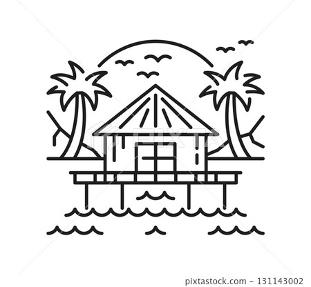 Beach house landscape thin line icon or emblem. Summer vacation landscape outline vector sign, tropical travel view symbol. Ocean beach nature scenery pictogram with vacation resort bungalow on shore 131143002