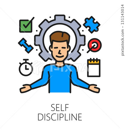 Self discipline life skill color line icon or pictogram. Personal life skill, personality self discipline ability vector sign. Time management icon with man character and daily tasks planning symbols 131143014