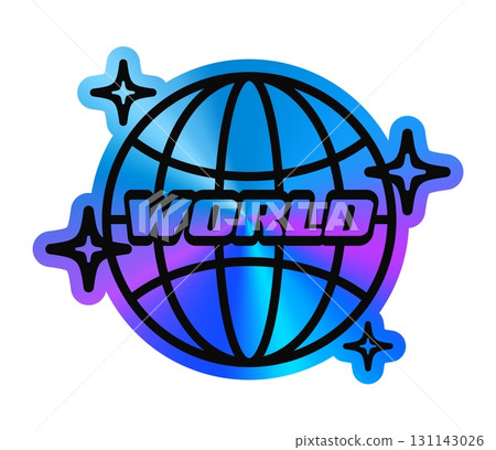 World globe hologram retro Y2K sticker or label. Reflective hologram patch, gradient holographic Y2K vector sticker. Metallic color iridescent label with Earth wireframe globe, stars and typography 131143026