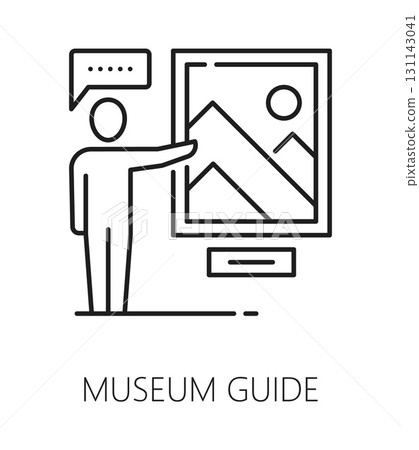Museum exhibition gallery guide line icon or label. Painting exhibition lineart vector symbol, gallery line icon. Fine art museum thin line pictogram or sign with museum guide presenting painting 131143041