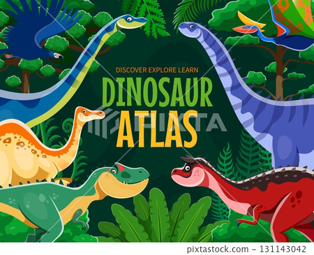 Prehistoric dinosaurs atlas book cover. Paleontology science vector atlas page, Jurassic era life brochure or book cover with hypselosaurus, amygdalodon, deinocheirus and allosaurus cute characters 131143042