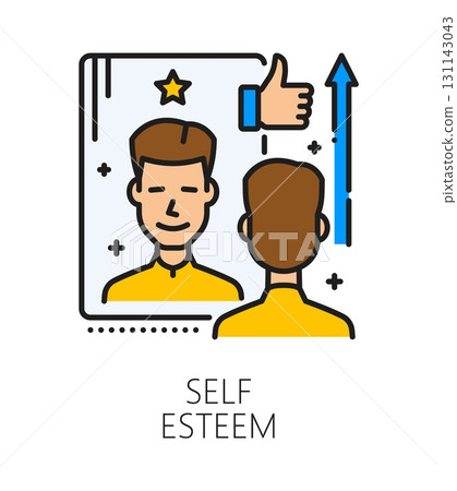 Self esteem life skill color line icon or sign. Personality quality outline vector sign, people self esteem ability symbol. Personality life skill thin line icon with man character looking in mirror Self esteem life skill color line icon or sign. Personality quality outline vector sign, people self esteem ability symbol. Personality life skill thin line icon with man character looking in mirror 131143043