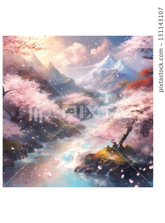 Beautiful river and Japanese seasonal landscape illustration Beautiful river and Japanese seasonal landscape illustration 131143107