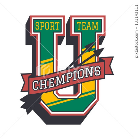 American varsity sport letter U, school champion patch label. Sport club label vector print, bow shooting team vintage emblem patch. Varsity athletic league retro symbol with red ribbon and bow arrows 131143111