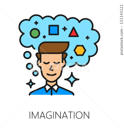 Imagination cognitive ability color line icon or label. Mental capability lineart vector icon, imagination cognitive ability development symbol or pictogram with man character imagining something Imagination cognitive ability color line icon or label. Mental capability lineart vector icon, imagination cognitive ability development symbol or pictogram with man character imagining something 131143121