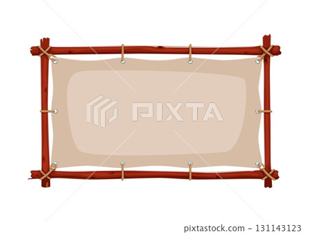 Blank stretched canvas banner tied with rope to a rustic wooden frame. Vector Caribbean pirate or corsair ui icon for survival games, or jungle adventure. Cartoon signboard, panel or poster template Blank stretched canvas banner tied with rope to a rustic wooden frame. Vector Caribbean pirate or corsair ui icon for survival games, or jungle adventure. Cartoon signboard, panel or poster template 131143123