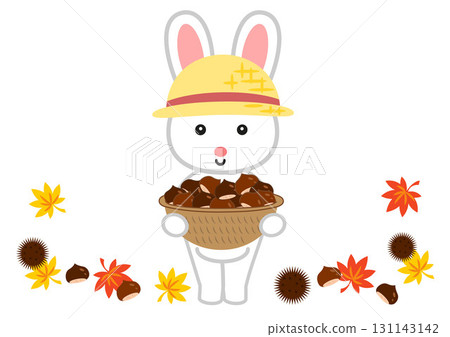 A rabbit holding a basket of chestnuts and autumn leaves A rabbit holding a basket of chestnuts and autumn leaves 131143142