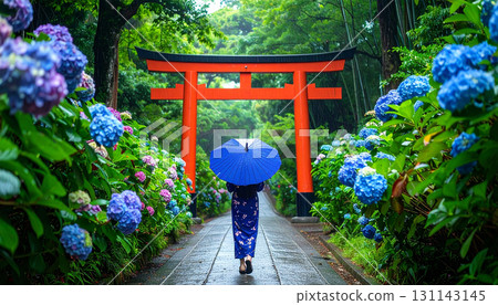 一位身著和服的女子在雨中和繡球花中沿著神社通道行走 131143145