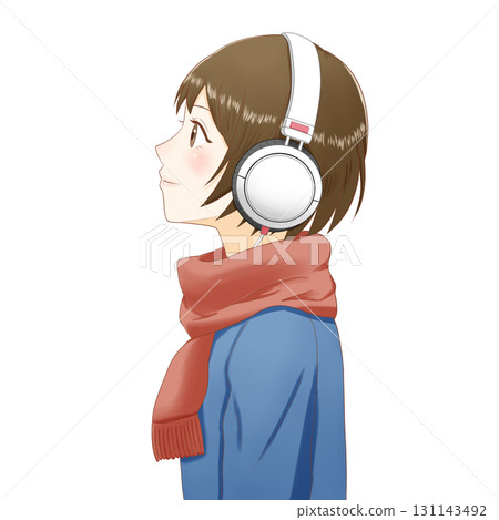 Anime-style girl with headphones and a red scarf on a transparent background 131143492