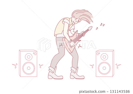 Rocker play with electric guitar on stage 131143586