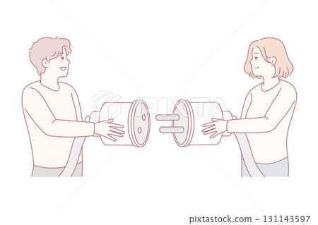 Man and woman connect electric plug in pocket 131143597