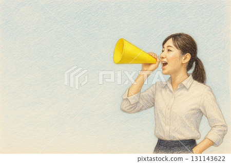 Illustration of a young woman cheering with a megaphone Illustration of a young woman cheering with a megaphone 131143622