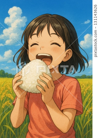 A girl stuffing her mouth with a large rice ball under the blue sky where rice is ripening (vertical illustration) 131143626