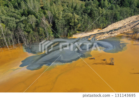 Flying over surreal patterns of flowing colorful mining chemical residuals aerial Flying over surreal patterns of flowing colorful mining chemical residuals aerial 131143695