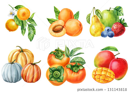 Watercolor set of mango persimmon apricot orange pear apple strawberry blueberry and pumpkins healthy seasonal food collection 131143818
