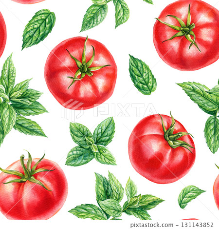 Red ripe tomatoes and fresh mint leaves watercolor seamless pattern healthy organic vegetable food background 131143852