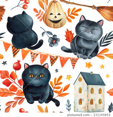 Black cats pumpkin lantern garland house and autumn leaves festive watercolor seamless pattern background 131143853