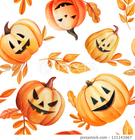 Seamless pattern jack o lantern pumpkins with scary faces autumn leaves holiday spooky design watercolor Seamless pattern jack o lantern pumpkins with scary faces autumn leaves holiday spooky design watercolor 131143867