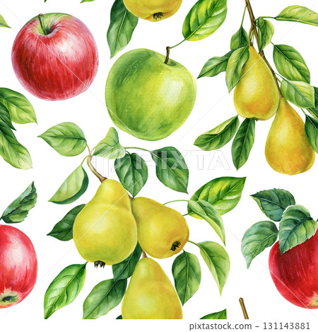 Apples and pears with green leaves watercolor seamless pattern fresh garden fruits healthy food design, summer plants 131143881