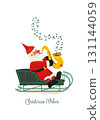 Christmas Vibes hand drawn cute vector icon. Funny Santa in sleigh play Christmas melody on sax cartoon design element illustration. Winter holidays season jazz live music concert event background 131144059