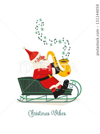 Christmas Vibes hand drawn cute vector icon. Funny Santa in sleigh play Christmas melody on sax cartoon design element illustration. Winter holidays season jazz live music concert event background Christmas Vibes hand drawn cute vector icon. Funny Santa in sleigh play Christmas melody on sax cartoon design element illustration. Winter holidays season jazz live music concert event background 131144059
