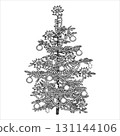 Christmas tree with garlands and toys. Christmas design element. Hand drawn vector illustration. 131144106