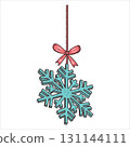 Hand drawn blue volumetric snowflake with red bow. New Year decoration. Vector illustration 131144111