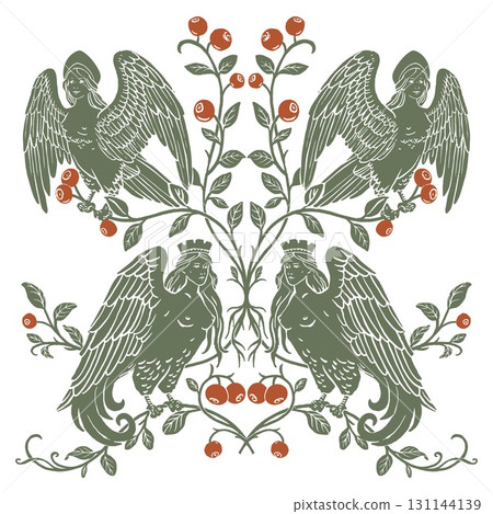 Vector Slavic Mythology Alkonost Bird-Women with Berries, Vintage Folk Art Design for Textile, Cushion, and Home Decor 131144139