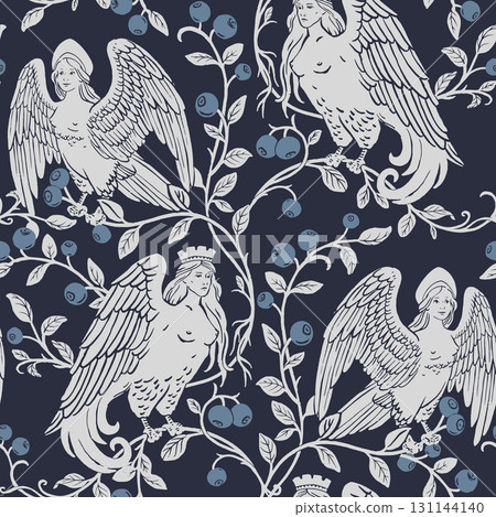 Seamless Vector Slavic Mythology Alkonost Bird-Woman Pattern , Vintage Folk Art Wallpaper Design with Ornamental Branches and Berries, Dark Pattern Seamless Vector Slavic Mythology Alkonost Bird-Woman Pattern , Vintage Folk Art Wallpaper Design with Ornamental Branches and Berries, Dark Pattern 131144140