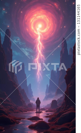A mesmerizing canyon glows with psychedelic colors as an individual steps through shallow water, surrounded by vibrant rock formations and a large luminescent sun in the distance. Generative AI 131144165