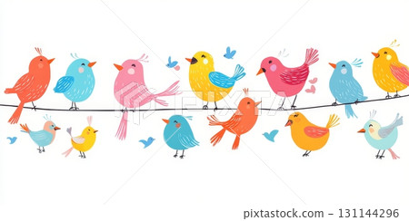 A vibrant group of cartoon birds sings joyfully together on a wire, showcasing various colors and happy expressions under a bright sky A vibrant group of cartoon birds sings joyfully together on a wire, showcasing various colors and happy expressions under a bright sky 131144296