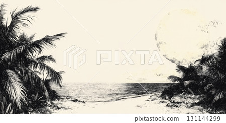 A tranquil beach setting showcases palm trees framing a peaceful ocean landscape illuminated by a large full moon, creating a calming atmosphere 131144299