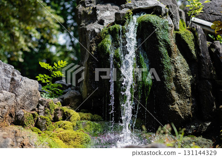 Waterfall cascading over moss-covered rocks in a serene natural environment with lush greenery 131144329