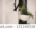 Hanging white wicker basket with lush green plants against a soft background in a cozy setting 131144338