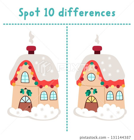 Christmas find differences game for children. Winter holiday educational activity with Santa Claus house. Cute puzzle for kids with funny New Year home. Printable worksheet, page 131144387