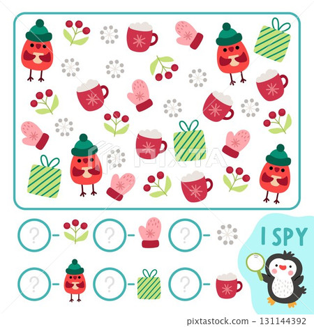 Christmas I spy game for kids. Searching and counting activity with bird, present, snowflake, mitten. New Year printable worksheet for preschool children. Simple winter holiday spotting puzzle 131144392