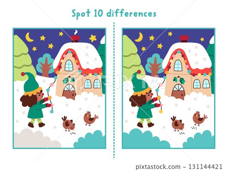 Christmas find differences game for children. Winter holiday educational activity with elf decorating house with lights. Cute puzzle for kids with New Year character. Printable worksheet, page 131144421